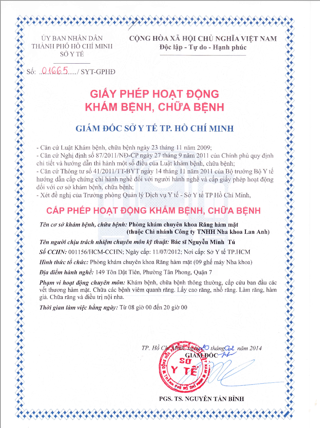 Giấy phép Hoạt động của chi nhánh 149 Tôn Dật Tiên
