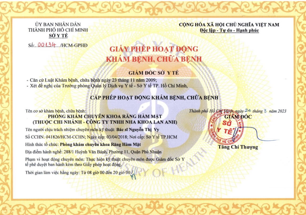 Giấy Phép Hoạt Động chi nhánh 288/1 Huỳnh Văn Bánh